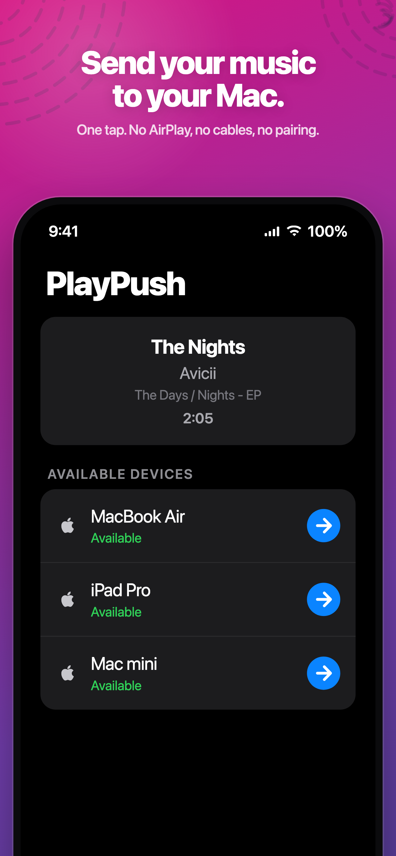 PlayPush showing the current song and a list of available devices