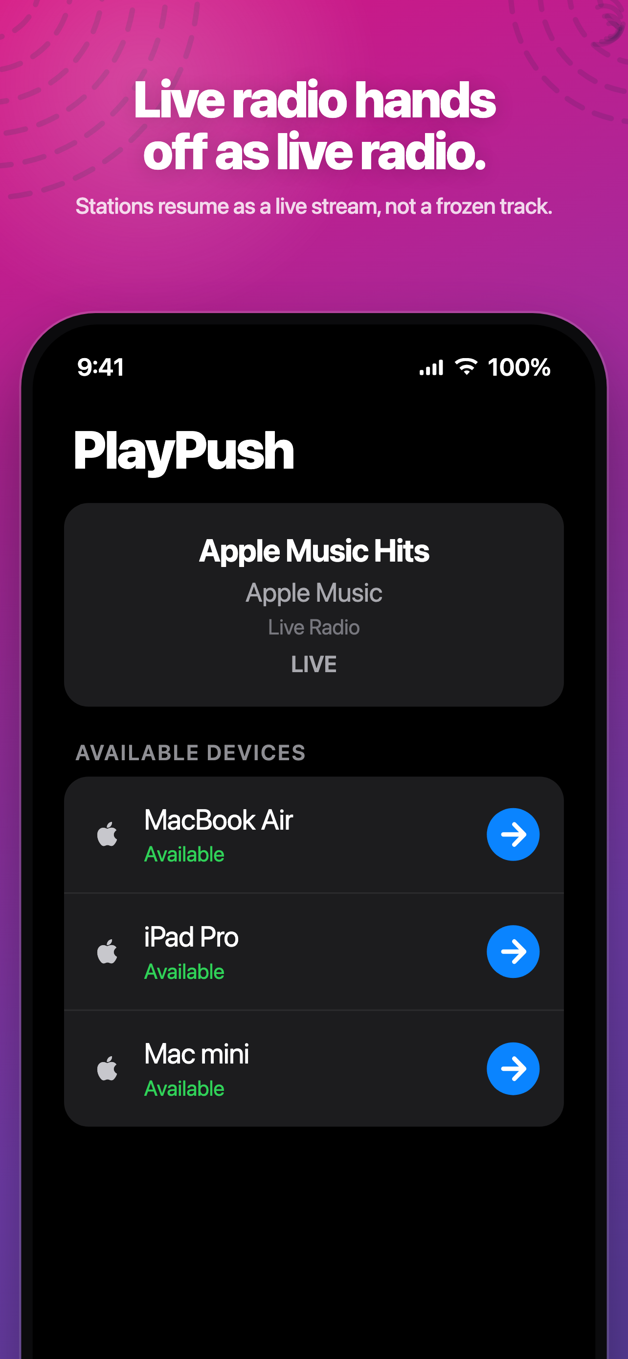 An Apple Music live radio station handing off as a live stream